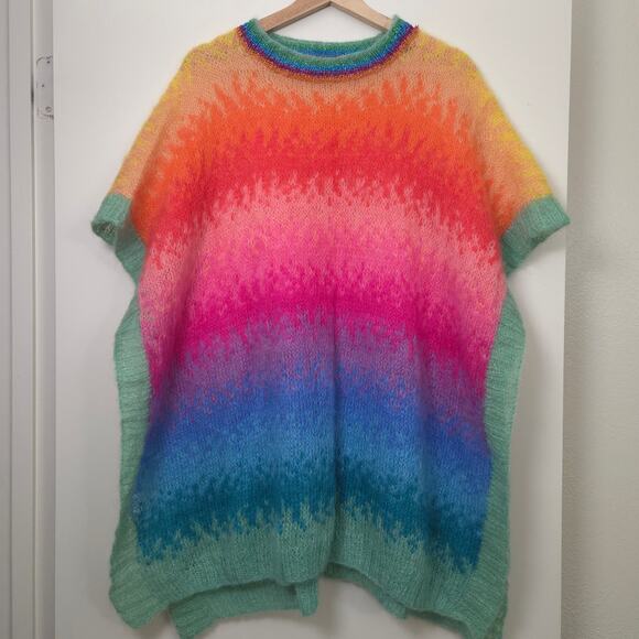 Rose Carmine Mohair Wool Sweater Poncho OS Tie Dye Rainbow Fall Winter - Picture 3 of 8